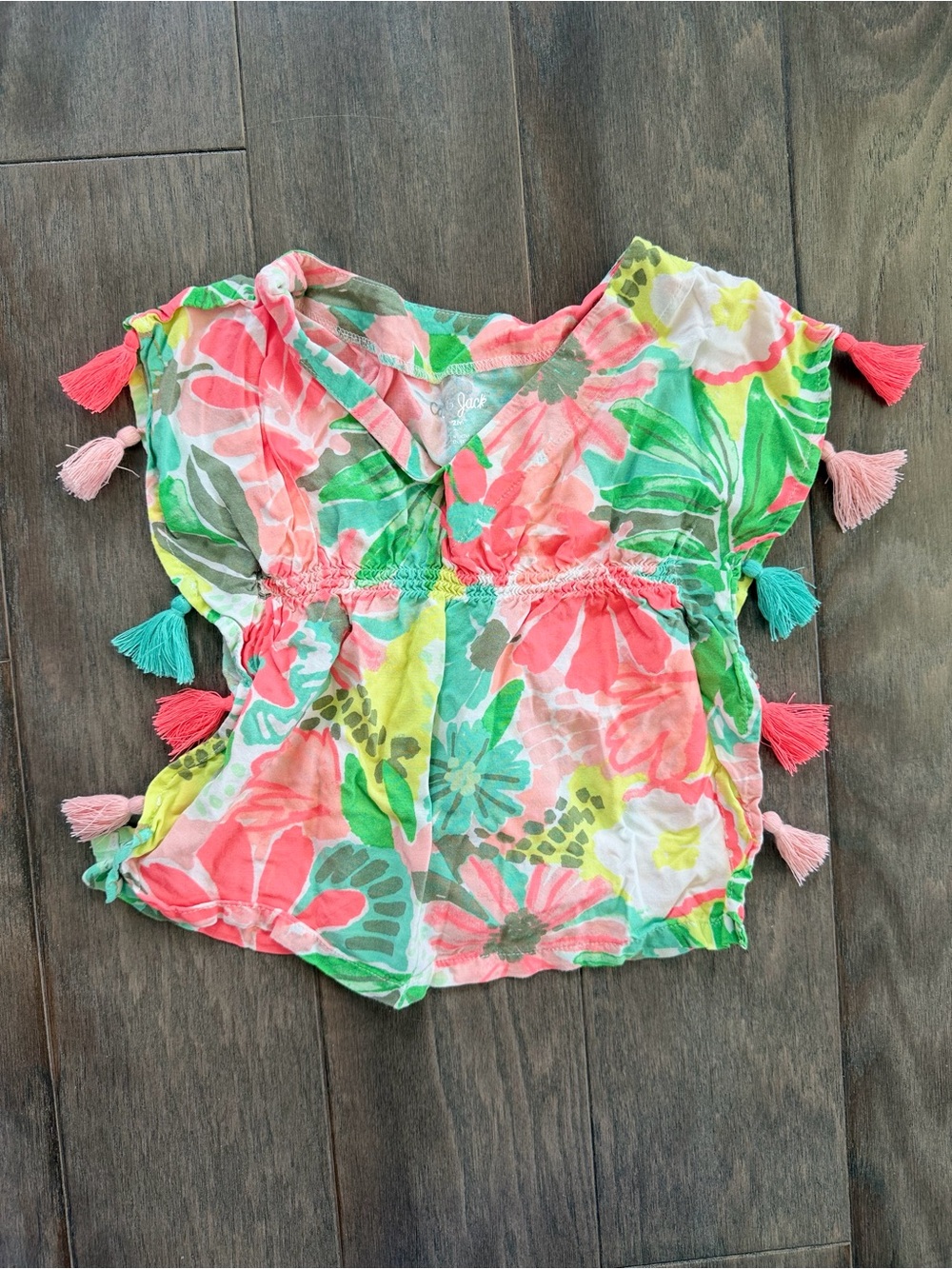 Cat & Jack Coral, Pink & Green Floral Swim Coverup with Tassels